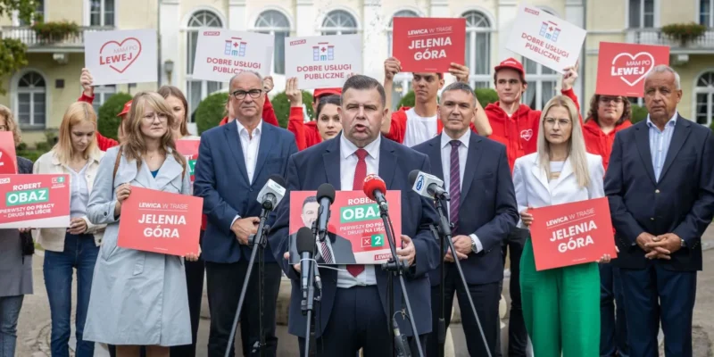 Polityk w garniturze przemawia do mikrofonów na wiecu Lewicy, za nim grupa zwolenników trzymających plakaty z hasłami „Jelenia Góra” i „Dobre usługi publiczne” przed budynkiem.