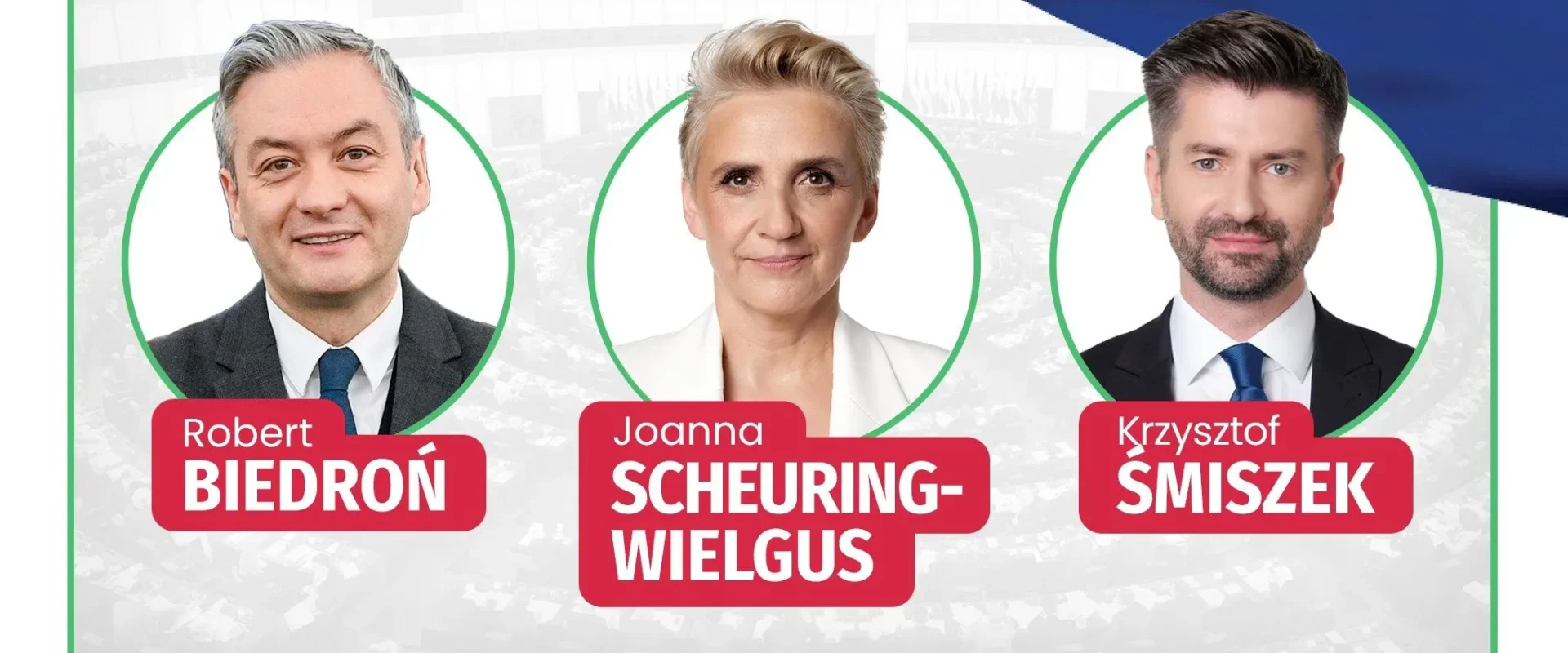 Trzy osoby (Robert Biedroń, Joanna Scheuring-Wielgus i Krzysztof Śmiszek) reprezentujące Lewicę, pokazane w okrągłych kadrach na tle sali plenarnej UE z czerwonymi podpisami pod ich zdjęciami i napisem „Reprezentacja Lewicy”.
