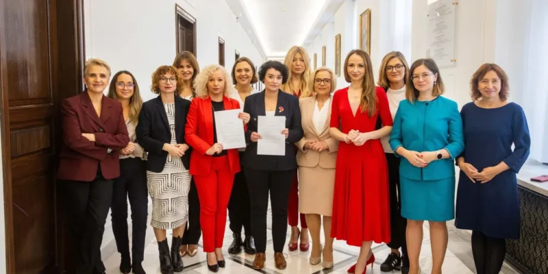 Grupa kobiet w eleganckich strojach stoi w korytarzu i trzyma podpisane dokumenty, prezentując projekty ustaw Lewicy dotyczące liberalizacji prawa aborcyjnego i depenalizacji aborcji.
