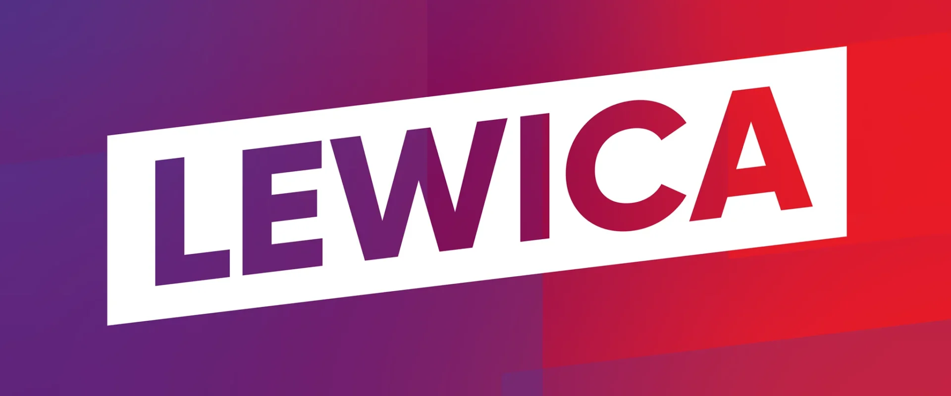 Logo Lewica na gradientowym tle od fioletu do czerwieni, umieszczone w białym, nachylonym prostokącie z napisem LEWICA.