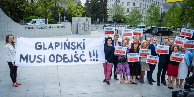 Grupa ludzi na placu trzyma duży baner z napisem „GLAPIŃSKI MUSI ODEJŚĆ!!!” oraz plakaty z kwotami kredytów hipotecznych.