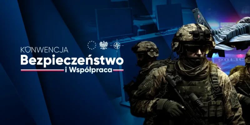 Baner promocyjny z żołnierzami w pełnym wyposażeniu bojowym na tle samolotu i napisu Konwencja Bezpieczeństwo i Współpraca, ilustrujący kompleksowy plan wzmocnienia bezpieczeństwa Polski.