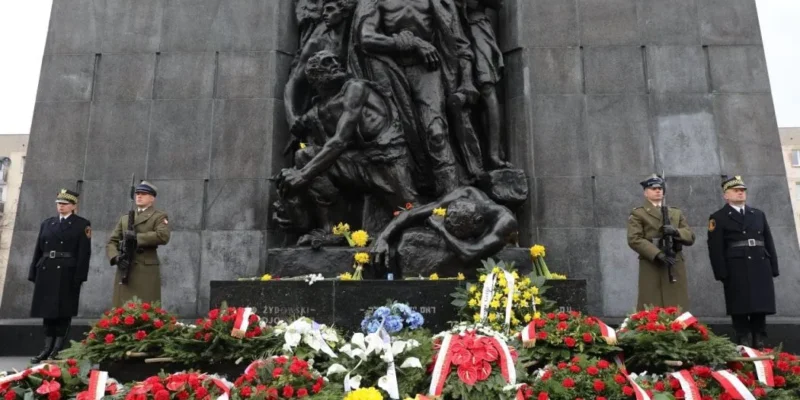 Żołnierze w uniformach stoją na straży przed monumentalnym pomnikiem z rzeźbą upamiętniającym Powstanie w Getcie Warszawskim, wokół którego leżą liczne wieńce i kwiaty.