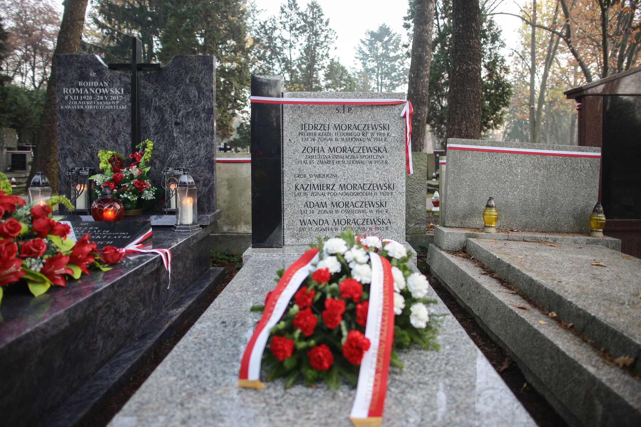 Na zdjęciu widoczne jest uporządkowane miejsce pochówku z nagrobkami, ozdobione kwiatami i lampionami, w otoczeniu drzew w cmentarnej scenerii.