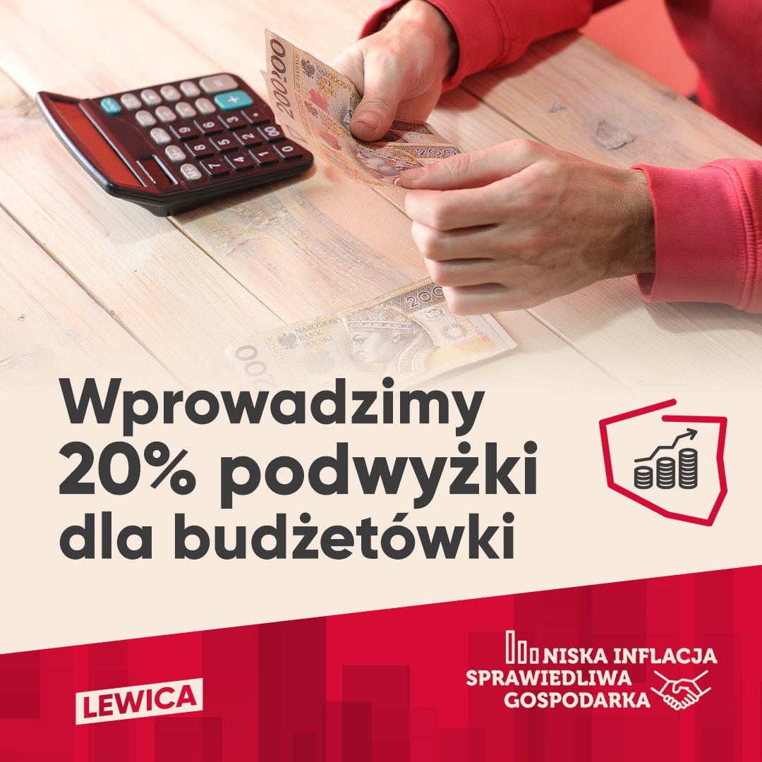 Na zdjęciu widoczna jest ręka trzymająca banknoty oraz kalkulator, a w tle znajduje się napis informujący o planowanej 20% podwyżce dla budżetówki.