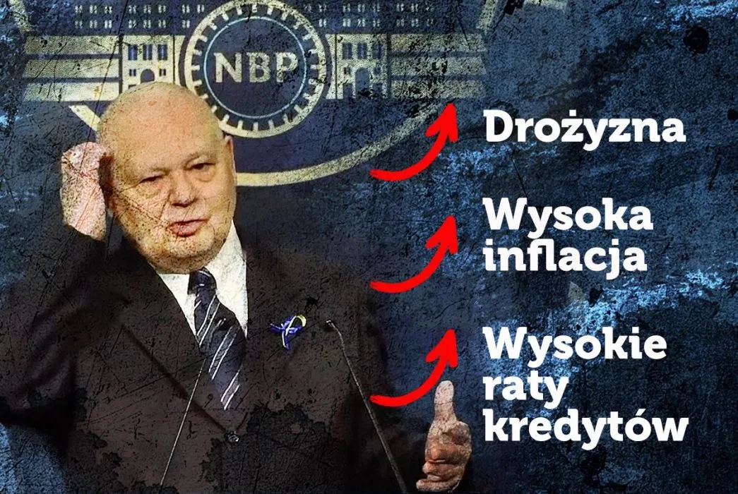Mężczyzna w garniturze stoi przy mikrofonach na tle logo NBP, a z prawej strony widoczne są czerwone strzałki skierowane w górę wraz z napisami: Drożyzna, Wysoka inflacja, Wysokie raty kredytów.