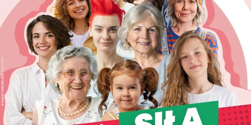 Kolaż uśmiechniętych kobiet różnych pokoleń na różowo-czerwonym tle, promujący zaproszenie na konwencję Lewicy „Siła kobiet”.