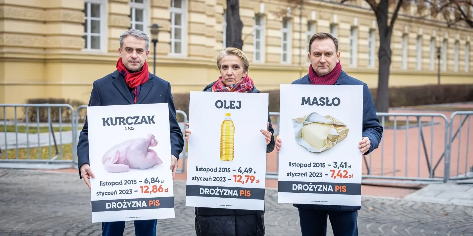 Trzej demonstranci trzymają plakaty z cenami kurczaka, oleju i masła w Polsce, porównując ceny z lat 2015 i 2023.