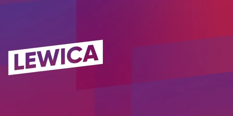 Grafika promocyjna z logotypem Lewica w białym, pochylonym prostokącie na tle gradientu fioletowo-purpurowego.