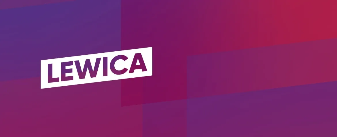Grafika promocyjna z logotypem Lewica w białym, pochylonym prostokącie na tle gradientu fioletowo-purpurowego.