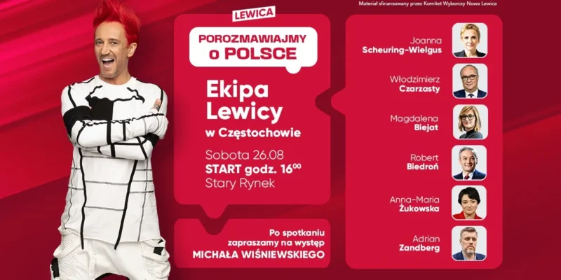 Plakat promujący spotkanie Ekipa Lewicy w Częstochowie na Starym Rynku, z czerwonym tłem, hasłem „Porozmawiajmy o Polsce” i listą wizerunków prelegentów po prawej.