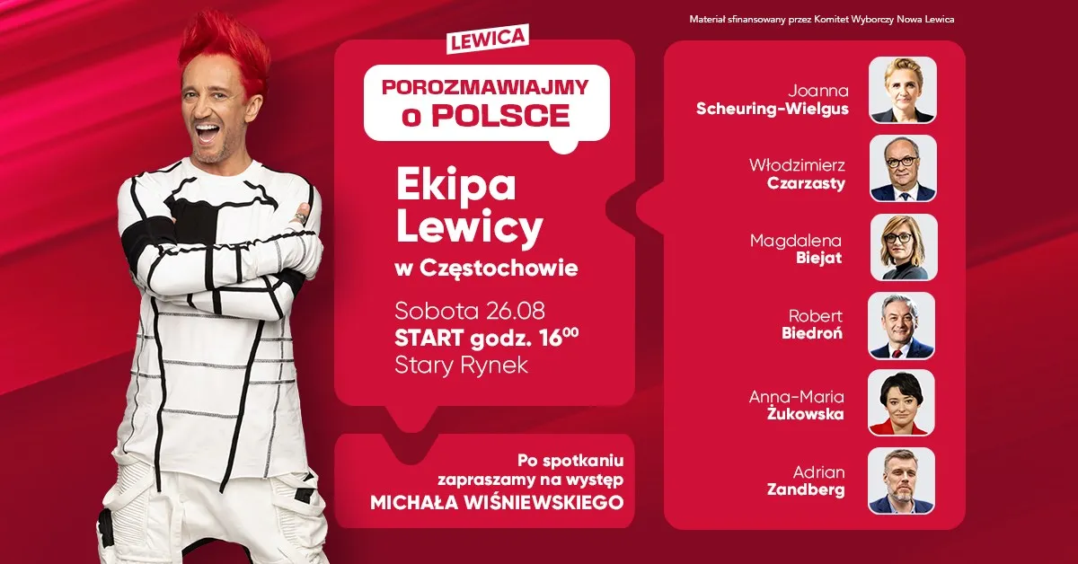 Plakat promujący spotkanie Ekipa Lewicy w Częstochowie na Starym Rynku, z czerwonym tłem, hasłem „Porozmawiajmy o Polsce” i listą wizerunków prelegentów po prawej.