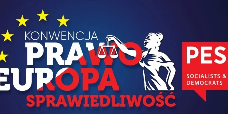 Grafika promująca konwencję "Prawo, Europa, Sprawiedliwość", z wizerunkiem postaci trzymającej wagę oraz symbolami Unii Europejskiej.