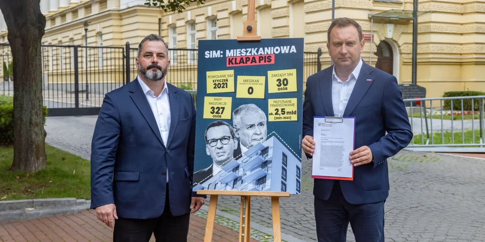 Dwóch mężczyzn w garniturach stoi obok planszy z napisem SIM: MIESZKANIOWA KLAPA PiS, ustawionej przed żółtą kamienicą.