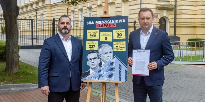 Dwóch mężczyzn w garniturach stoi obok planszy z napisem SIM: MIESZKANIOWA KLAPA PiS, ustawionej przed żółtą kamienicą.