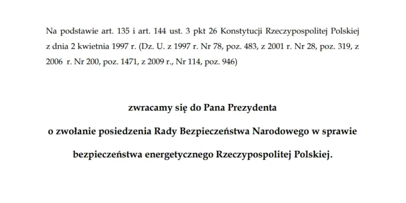 Formalny dokument na białym tle z tytułem „Wniosek”, zawierający tekst o zwołanie posiedzenia Rady Bezpieczeństwa Narodowego w sprawie bezpieczeństwa energetycznego, zakończony podpisami.