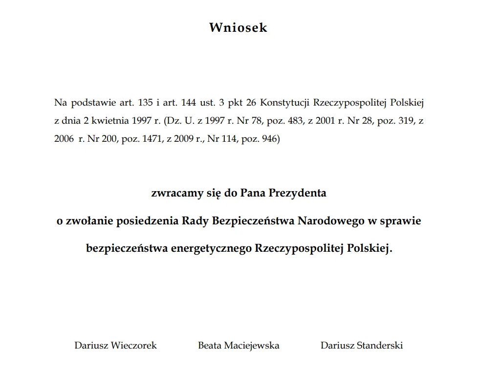 Formalny dokument na białym tle z tytułem „Wniosek”, zawierający tekst o zwołanie posiedzenia Rady Bezpieczeństwa Narodowego w sprawie bezpieczeństwa energetycznego, zakończony podpisami.
