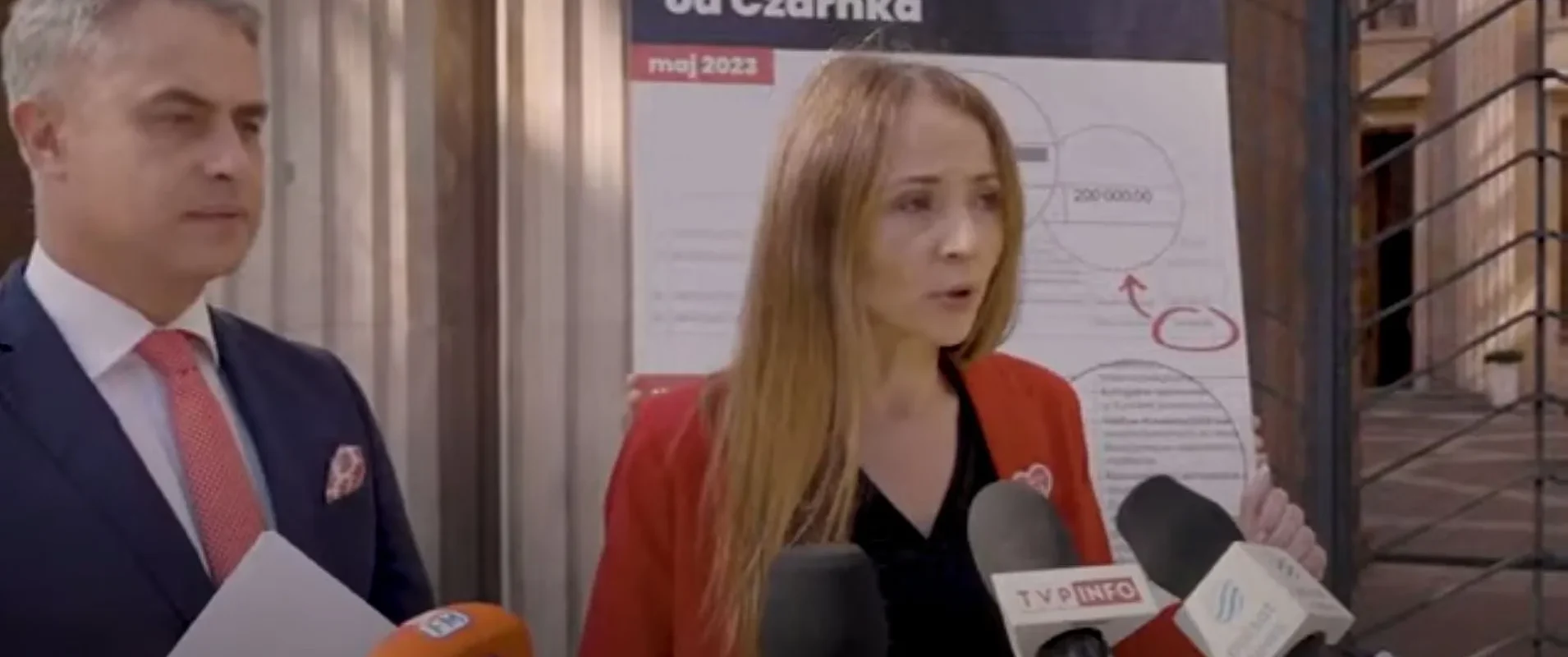 Kobieta w czerwonym żakiecie przemawia do mediów, stojąc obok mężczyzny w garniturze przed tablicą z wykresami.