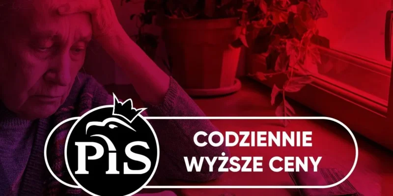 Na zdjęciu widoczna jest zmartwiona starsza kobieta trzymająca się za głowę, obok niej leżą monety oraz portfel, z napisem „Codziennie wyższe ceny”.