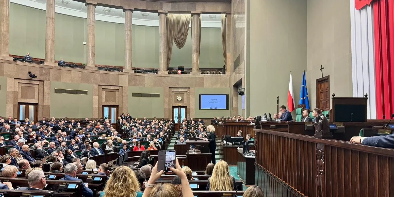 Duża sala obrad polskiego parlamentu, na mównicy przemawia kobieta, wśród zgromadzonych posłów widoczne flagi Polski i Unii Europejskiej.