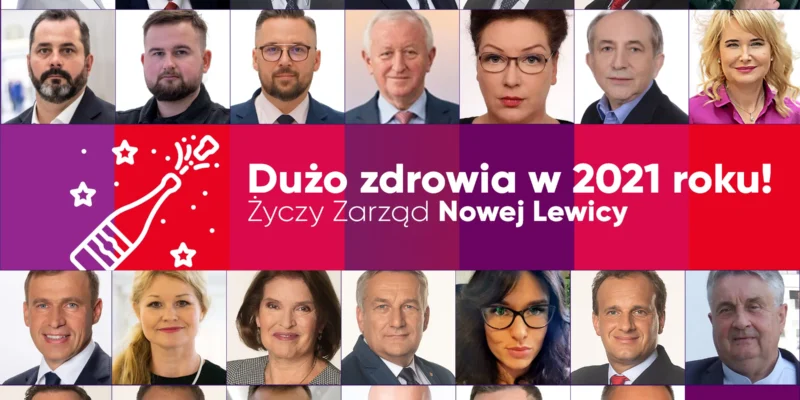 Kolaż portretów wielu członków Nowej Lewicy na tle kolorowych paneli z napisem „Dużo zdrowia w 2021 roku! Życzy Zarząd Nowej Lewicy”.