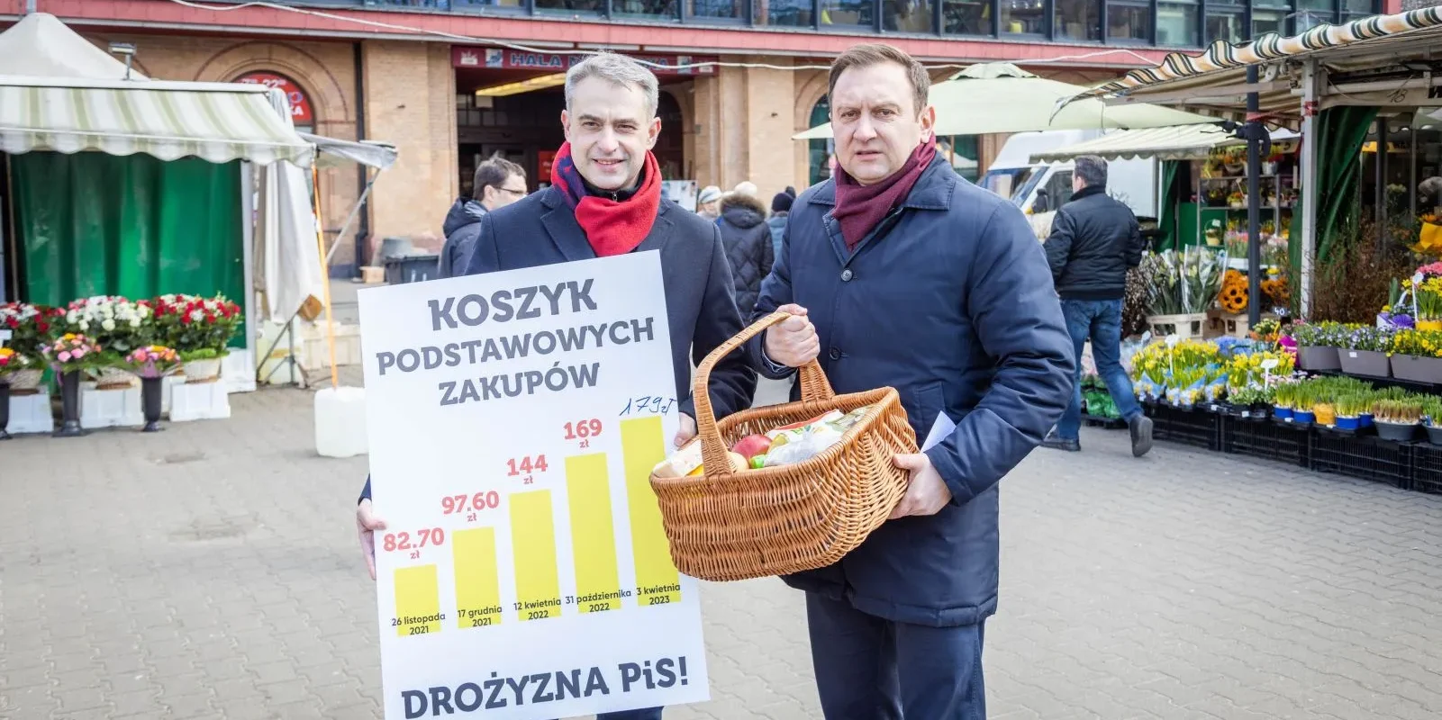 Na zdjęciu widać dwóch mężczyzn, którzy trzymają transparent z informacjami o cenach podstawowych zakupów oraz koszyk z warzywami i owocami, stojąc na tle targowiska.