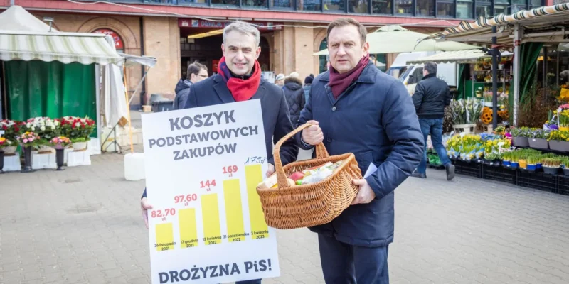 Na zdjęciu widać dwóch mężczyzn, którzy trzymają transparent z informacjami o cenach podstawowych zakupów oraz koszyk z warzywami i owocami, stojąc na tle targowiska.