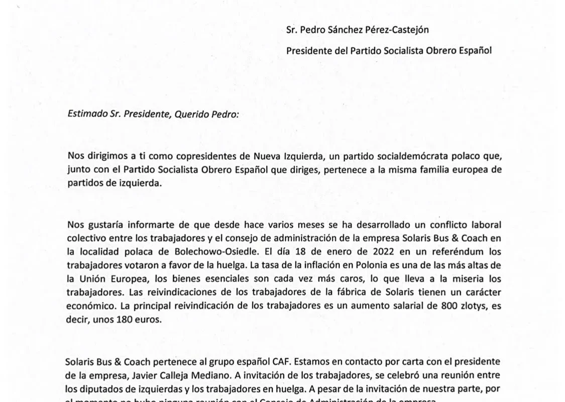 Skan listu Lewicy z logotypem po lewej, datowany w Warszawie, skierowany do lidera hiszpańskiej Partii Socjalistycznej w sprawie strajku w Solaris Bus & Coach.