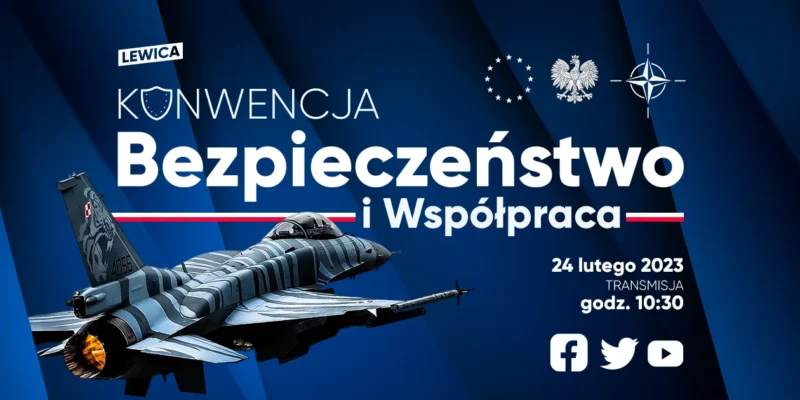 Plakat promujący konferencję "Bezpieczeństwo i Współpraca" z datą 24 lutego 2023, na którym znajduje się obrazek myśliwca oraz logotypy organizacji.