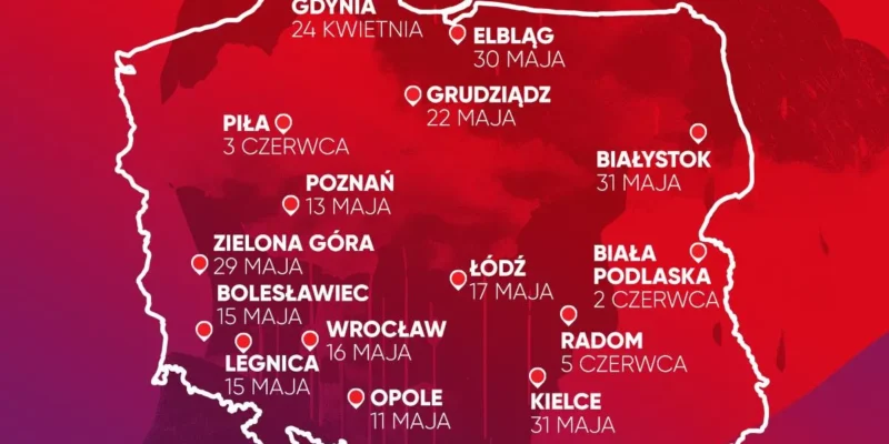 Mapa Polski z zaznaczonymi datami i miejscami lokalnych okrągłych stołów poświęconych zdrowiu psychicznemu dzieci i młodzieży.