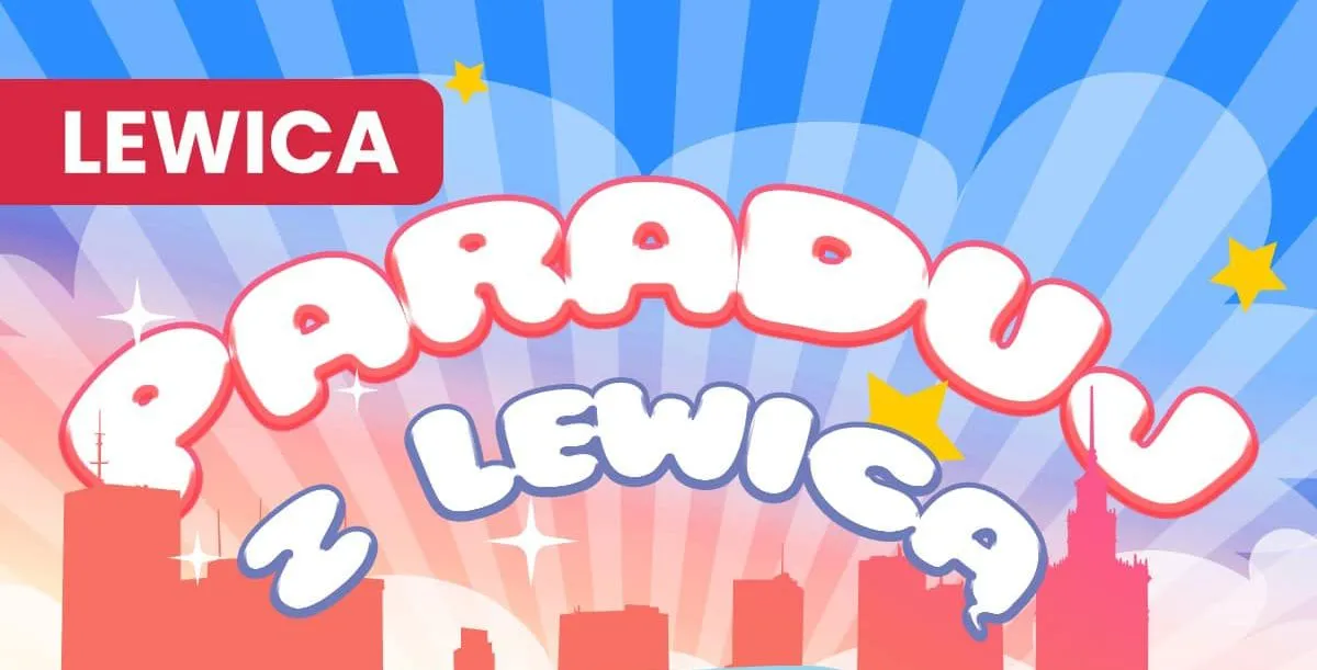 Kolorowy plakat-zaproszenie na Paradę Równości 2024 z logotypem Lewica na czerwonym pasku.