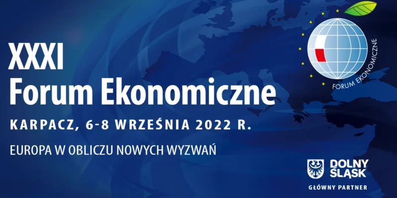 Grafika promująca XXXI Forum Ekonomiczne, które odbyło się w Karpaczu w dniach 6-8 września 2022 roku, z hasłem "Europa w obliczu nowych wyzwań".