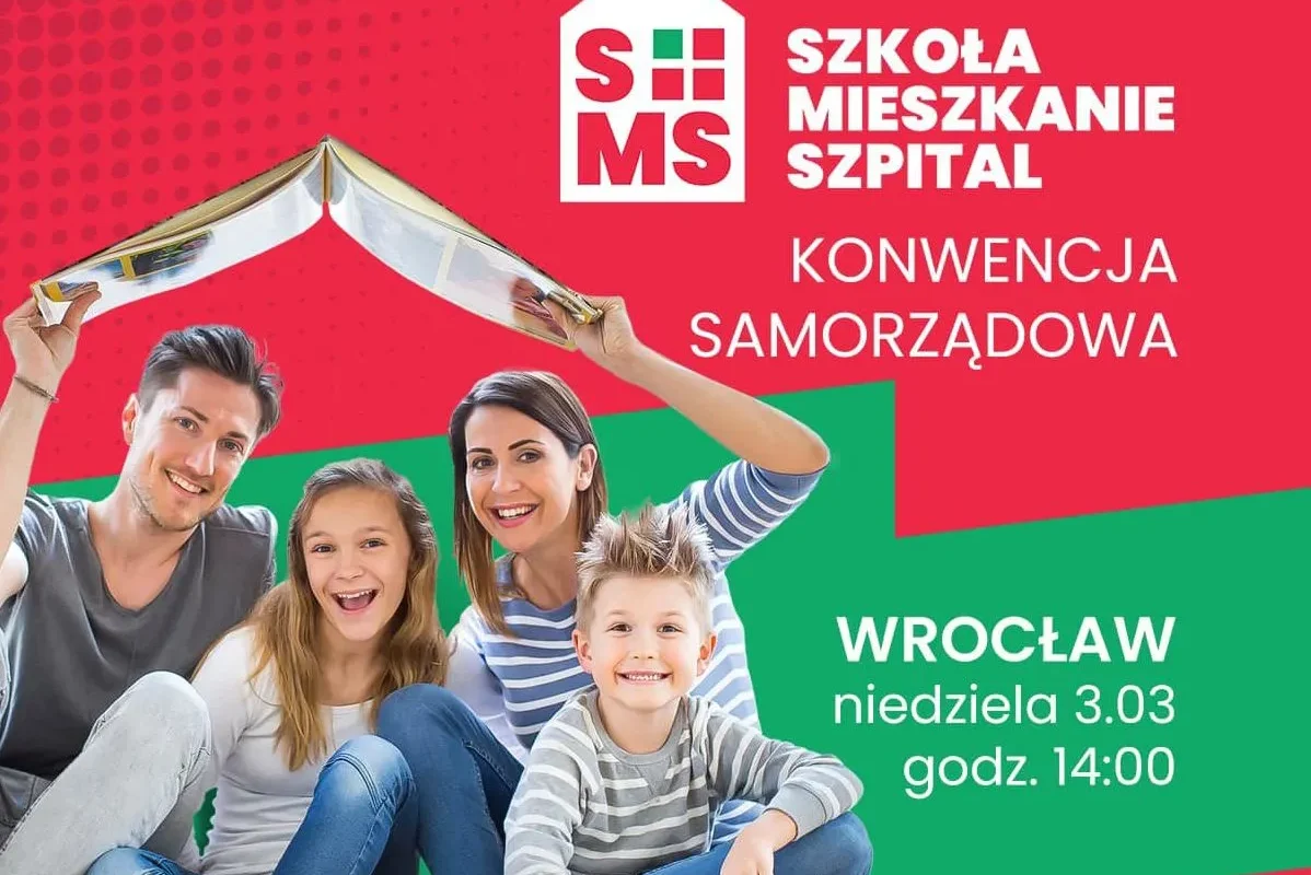 Plakat promujący Konwencję Samorządową Lewicy, przedstawiający rodzinę na czerwono-zielonym tle oraz informujący o wydarzeniu we Wrocławiu w niedzielę 3 marca o godz. 14:00.