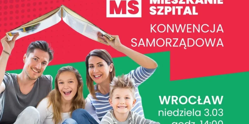 Plakat promujący Konwencję Samorządową Lewicy, przedstawiający rodzinę na czerwono-zielonym tle oraz informujący o wydarzeniu we Wrocławiu w niedzielę 3 marca o godz. 14:00.