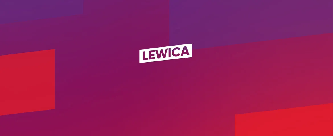 Białe logo „LEWICA” na gradientowym tle w odcieniach fioletu i czerwieni.