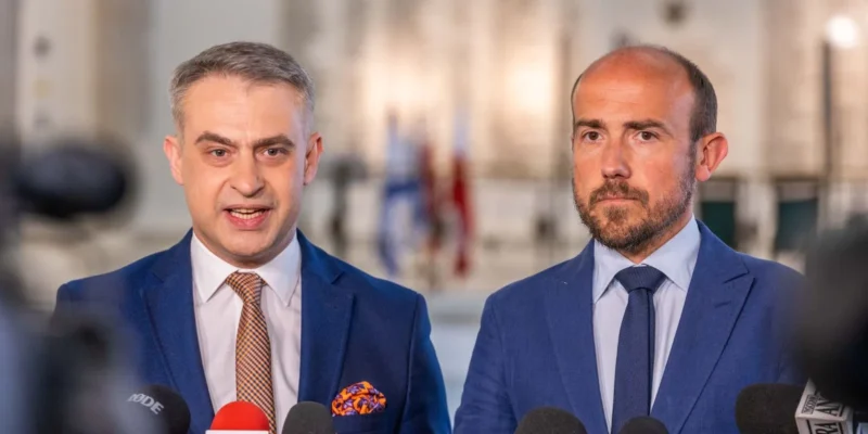 Dwaj mężczyźni w garniturach stoją przed mikrofonami, jeden z nich mówi, a drugi słucha, w tle widoczne flagi.