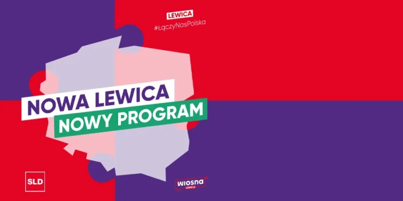 Graficzny plakat kampanii z hasłem „Nowa Lewica” i „Nowy Program” na czerwono-fioletowym tle.