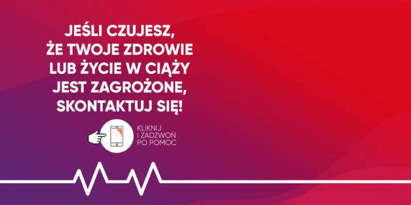 Grafika o tle w odcieniach fioletu i czerwieni z hasłem zachęcającym do kontaktu w sytuacji zagrożenia zdrowia w ciąży.
