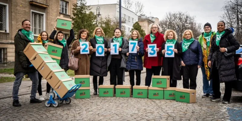 Grupa osób stojących na ulicy, trzymająca kartki z cyframi tworzącymi numer 201735 i otoczona pudełkami z napisem „LEGALNA ABORCJA”, symbolizująca zbieranie podpisów pod projektem „Legalna aborcja. Bez kompromisów”.