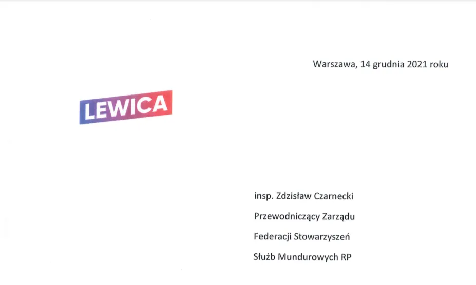 Dokument z datą 14 grudnia 2021 roku, z logo Lewicy, adresowany do inspektora Zdzisława Czarneckiego, przewodniczącego Zarządu Federacji Stowarzyszeń Służb Mundurowych RP.