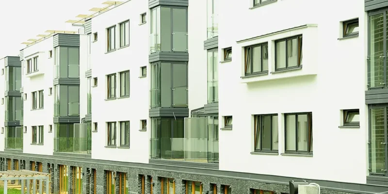 Nowoczesny, biały blok mieszkalny z czarnymi ramami okien i balkonami.