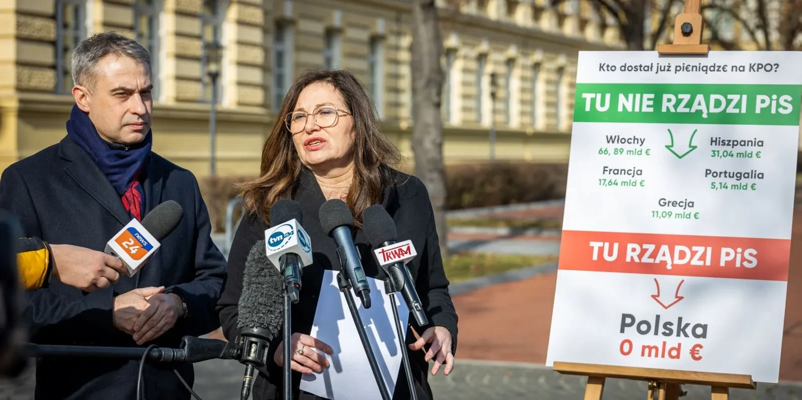 Kobieta przemawia do mikrofonów podczas konferencji prasowej na tle tablicy informacyjnej o środkach z KPO, z hasłem „TU NIE RZĄDZI PiS” i informacją „Polska 0 mld €”.
