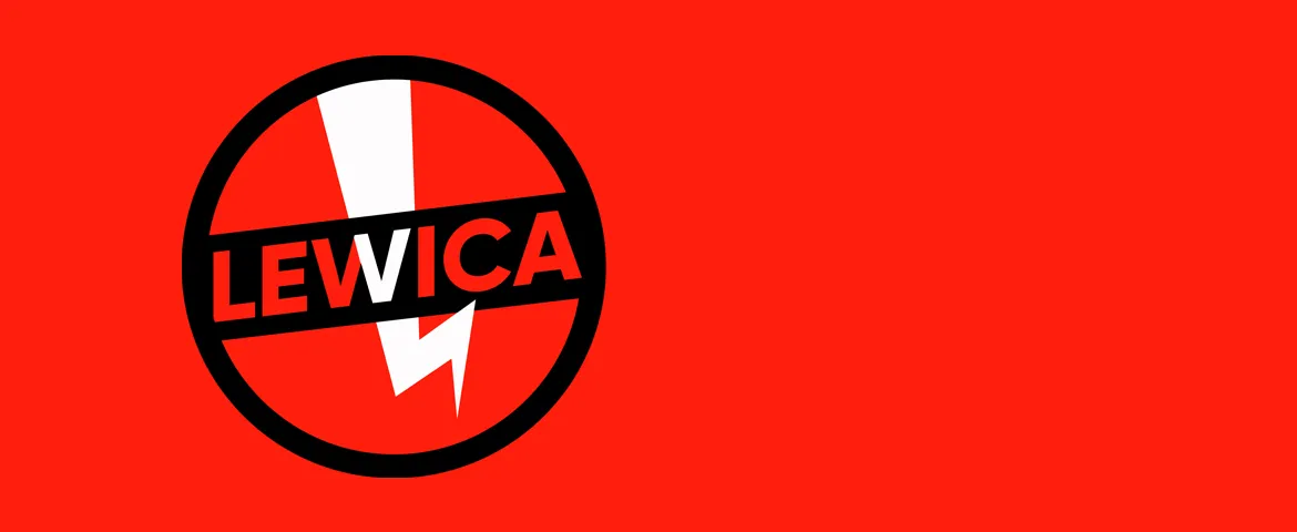 Logo partii Lewica na czerwonym tle, z okręgiem i czarną belką z napisem LEVICA.