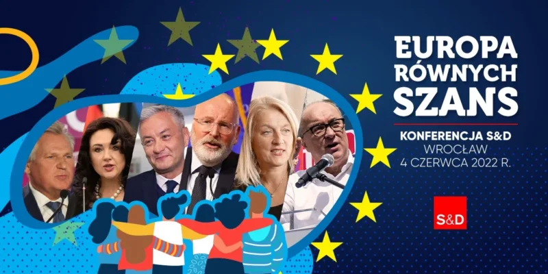 Kolaż promujący konwencję Lewicy Europa Równych Szans, z grupą osób na tle gwiazd Unii Europejskiej i rysunkowymi postaciami trzymającymi się razem.