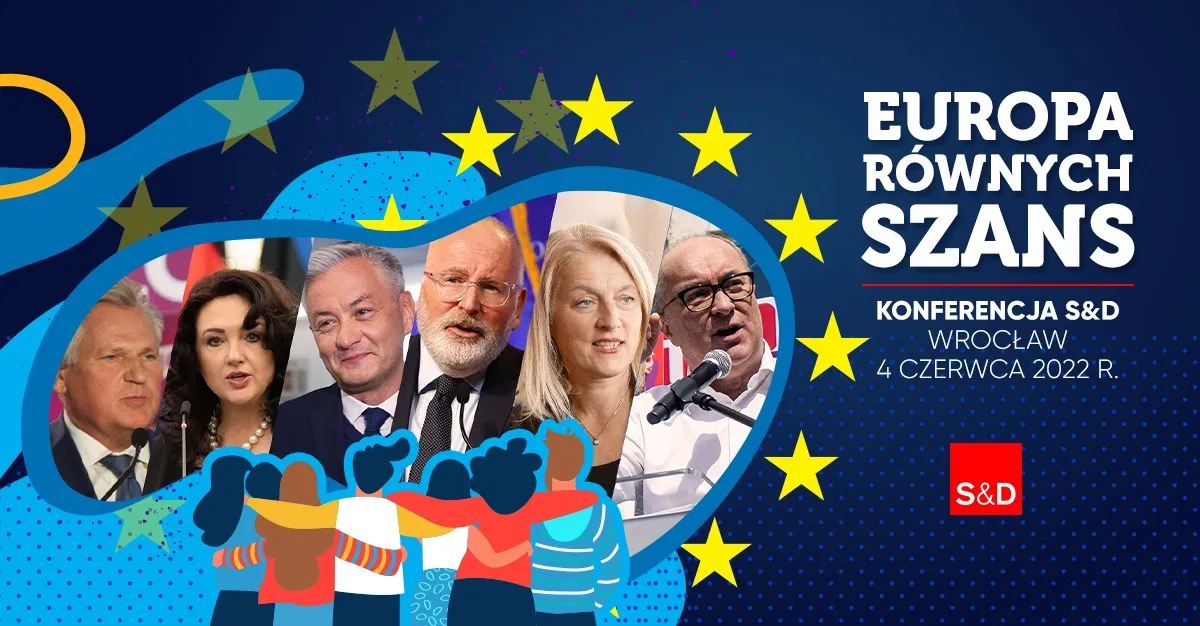 Kolaż promujący konwencję Lewicy Europa Równych Szans, z grupą osób na tle gwiazd Unii Europejskiej i rysunkowymi postaciami trzymającymi się razem.