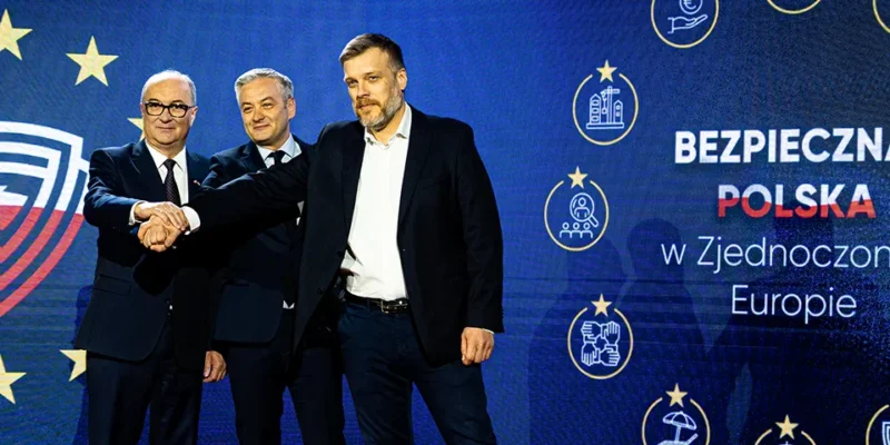 Na zdjęciu trzech mężczyzn stoi razem na scenie, uśmiechając się i wymieniając uściski dłoni, w tle widoczny jest baner z napisem "Bezpieczna Polska w Zjednoczonej Europie".