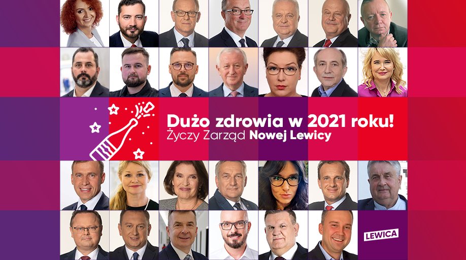 Kolaż portretów członków zarządu Nowej Lewicy z napisem „Dużo zdrowia w 2021 roku! Życzy Zarząd Nowej Lewicy”.