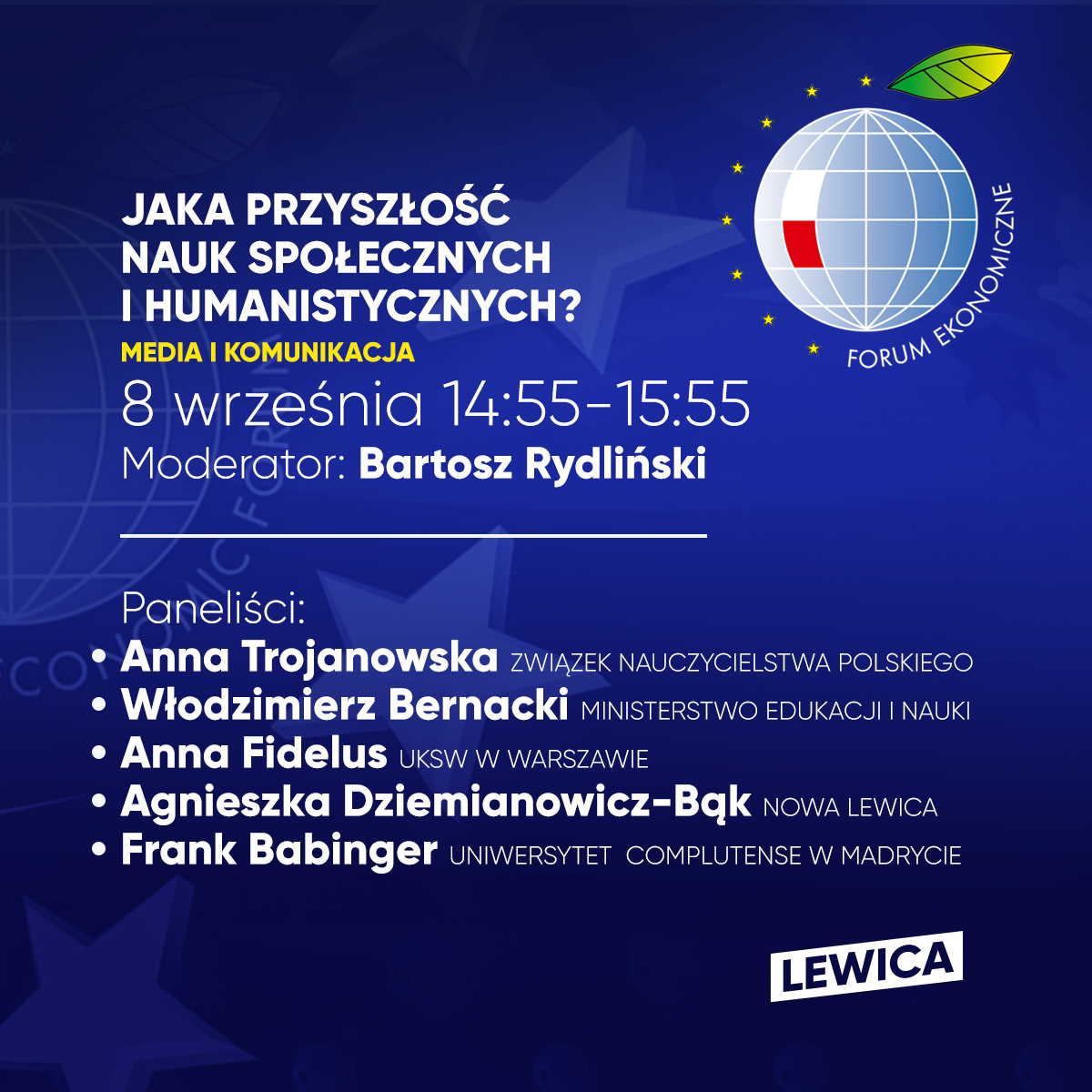 Plakat promujący panel dyskusyjny na temat przyszłości nauk społecznych i humanistycznych, który odbędzie się 8 września 2022 roku, z listą panelistów i moderatorem.