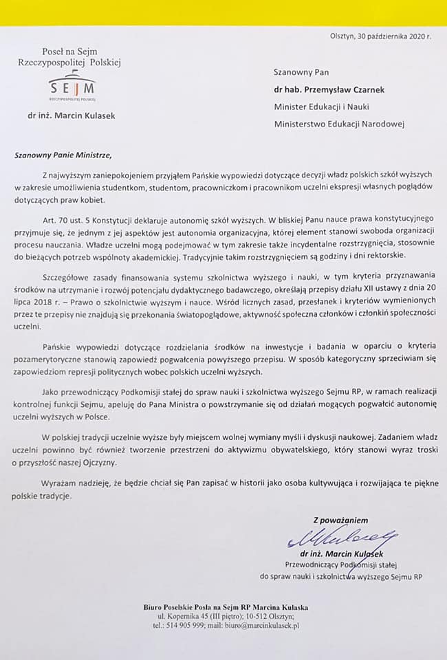 Oficjalny list posła dr inż. Marcina Kulasek z Sejmu RP do Ministra Edukacji i Nauki Przemysława Czarnka, dotyczący sprzeciwu wobec ograniczania autonomii uczelni, podpisany i datowany 30 października 2020 r. w Olsztynie.