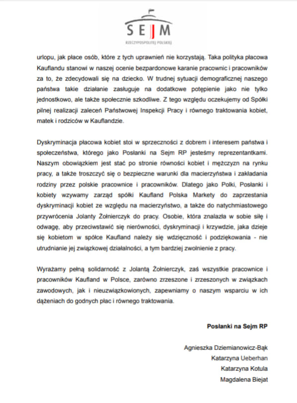 Dokument w formie listu posłanek Lewicy w obronie pracowniczek Kauflandu, z logo Sejmu na górze i podpisami na dole.